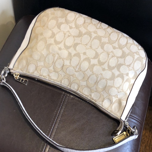 COACH Ivory Neutral C Logo Fabric Top Handle Top Zipper Leather Trim Bag - Picture 7 of 15